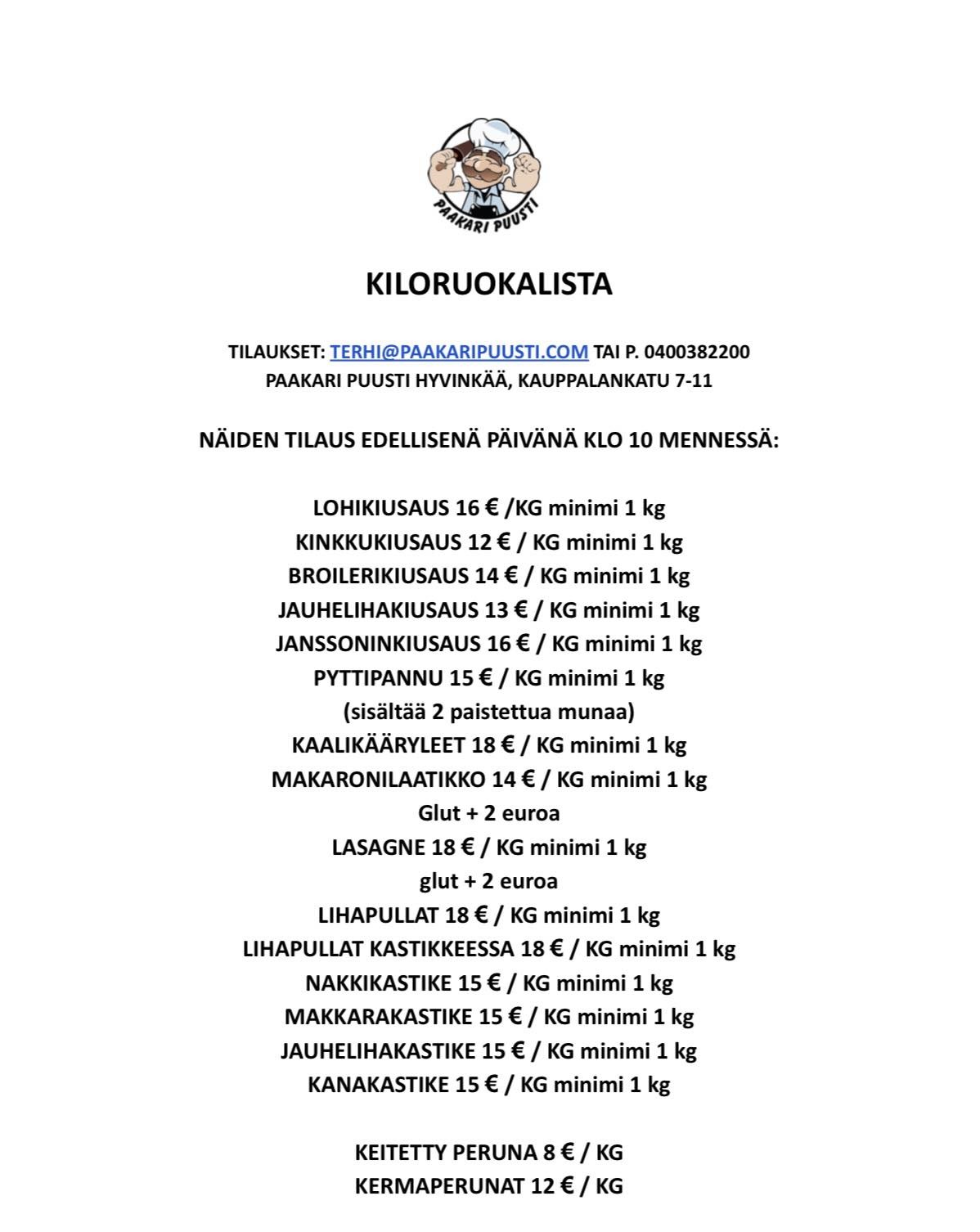 Paakari Puusti Hyvinkää kiloruokalista alku