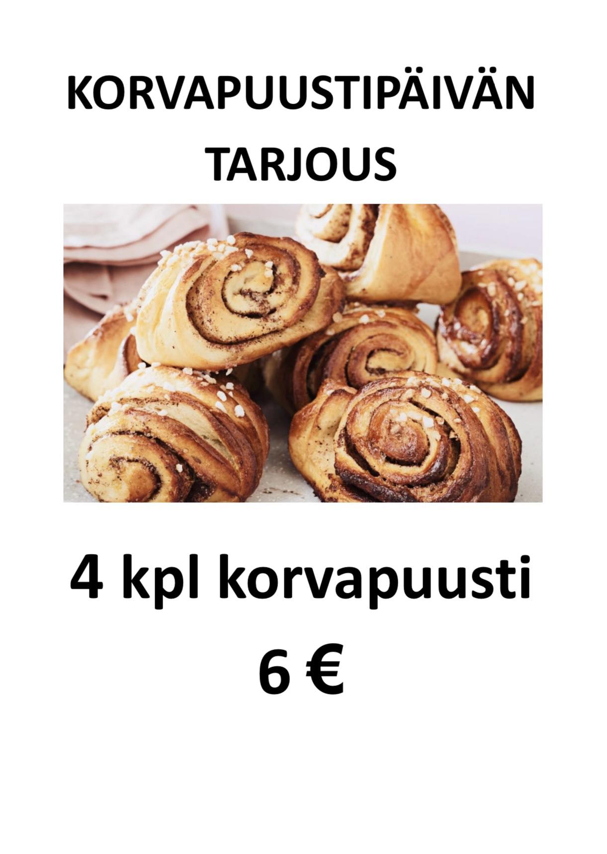 Korvapuustipäivän ke 4.10 tarjous, 4 kpl korvapuusti 6 €