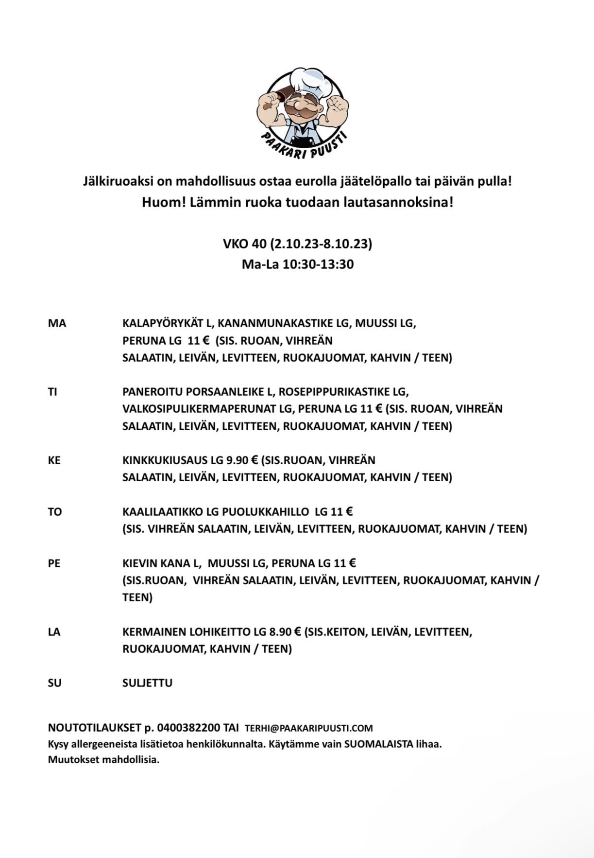 Paakari Puusti Hyvinkää lounaslista vko 40 2023