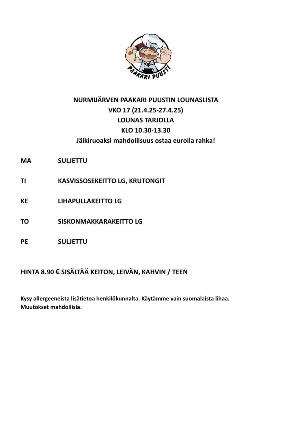 Paakari Puusti Nurmijärvi lounaslista vko 17 2025